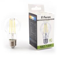 Лампа светодиодная FERON LB-613 13W 230V E27 4000K филамент A60 прозрачная