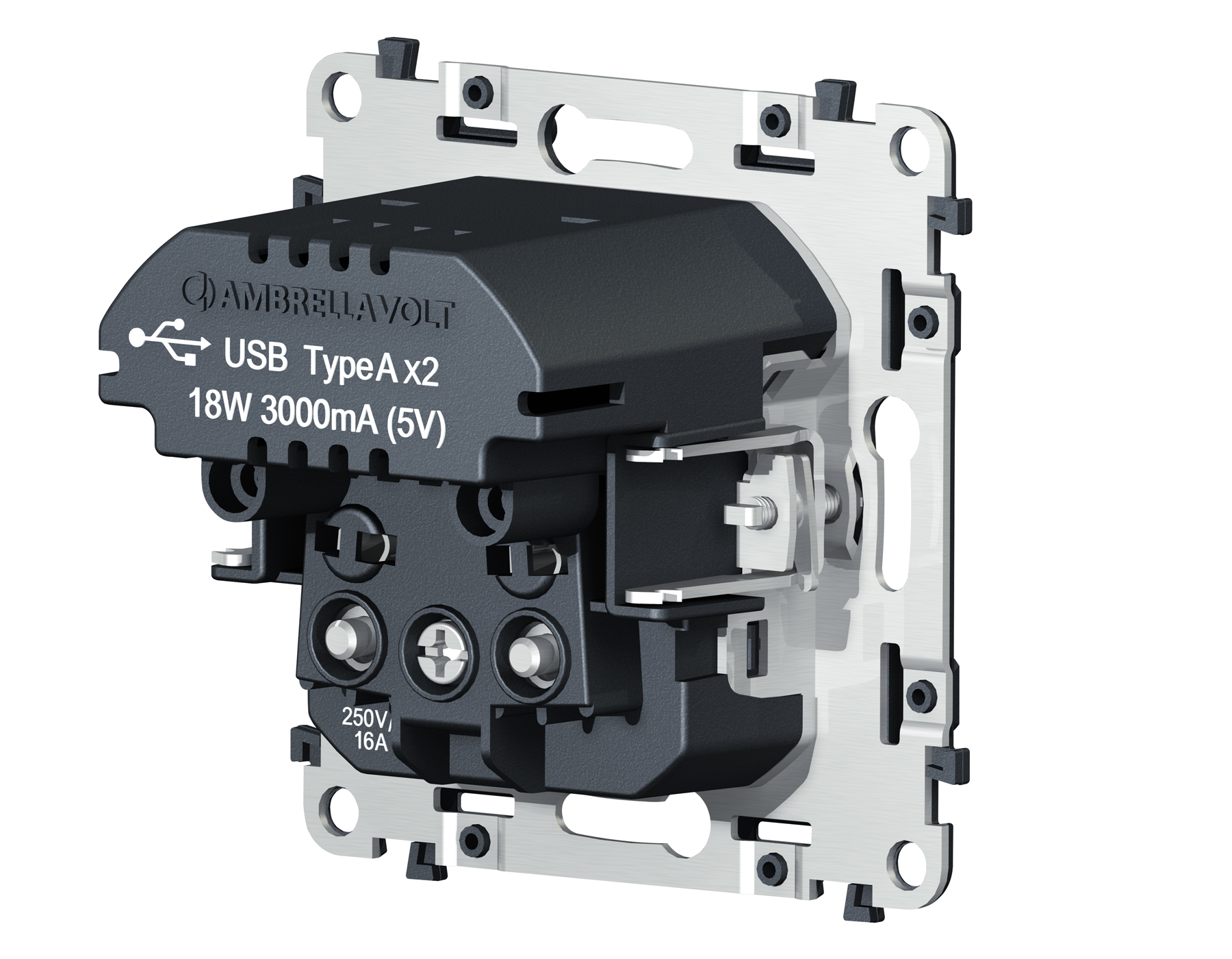 VM165 Механизм электрической розетки 2USB С+C 20W (быстрая зарядка) с/з на винтовых зажимах 16A-250V