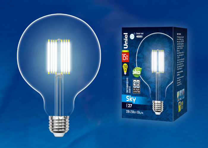 Лампа светодиодная UNIEL LED-G125-15W/4000K/E27/CL PLS02WH Форма "шар", прозрачная