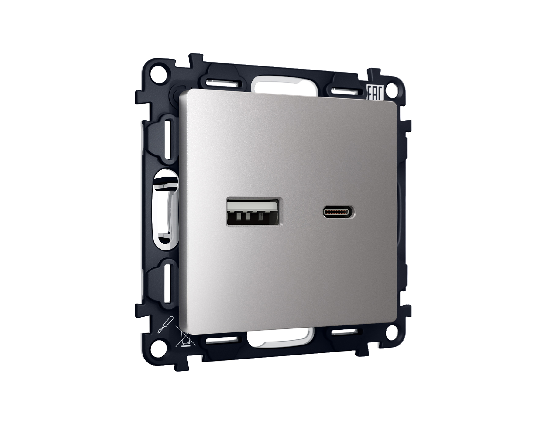 MA511010 Комплект механизма розетки ALFA Сталь матовый 2USB A+C 20W быстр.заряд QUANT (AP5110,VM177)