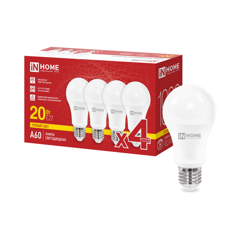 Лампа светодиодная LED-A60-VC 4PACK 20Вт 230В Е27 3000К 1900Лм (4шт./упак) IN HOME