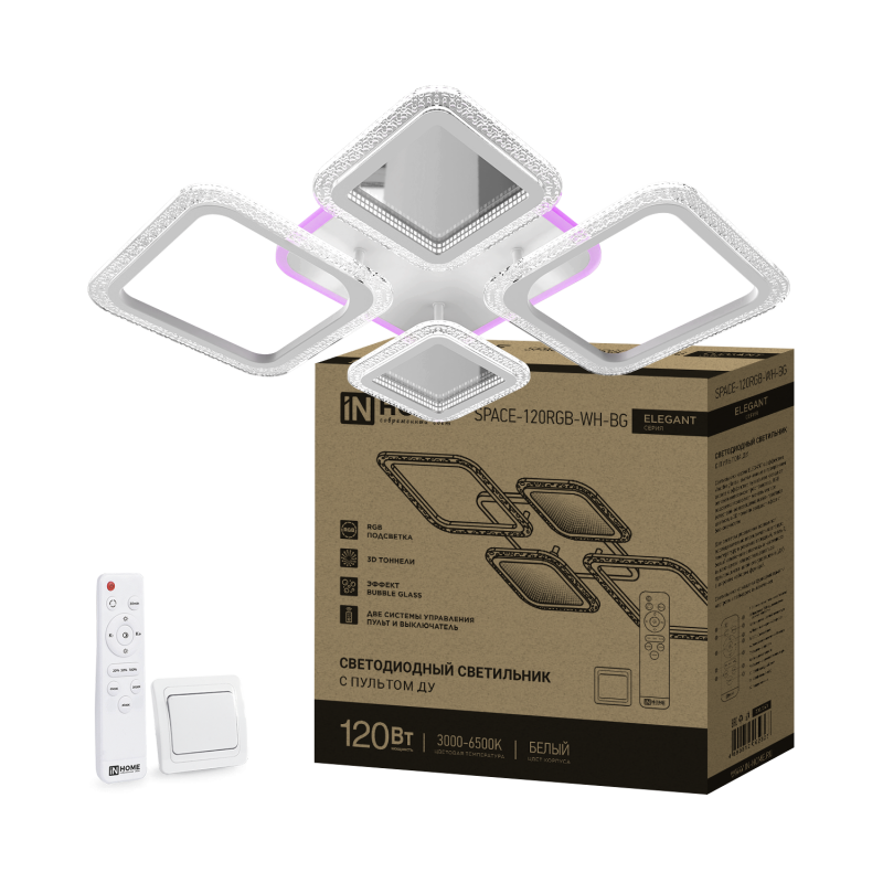 Светильник светодиодный ELEGANT SPACE-120RGB-WH-BG 120Вт 230В 3000-6500K 8400Лм 530х530х125мм пульт 