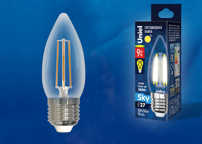 Лампа светодиодная UNIEL LED-C35-9W/3000K/E27/CL PLS02WH картон