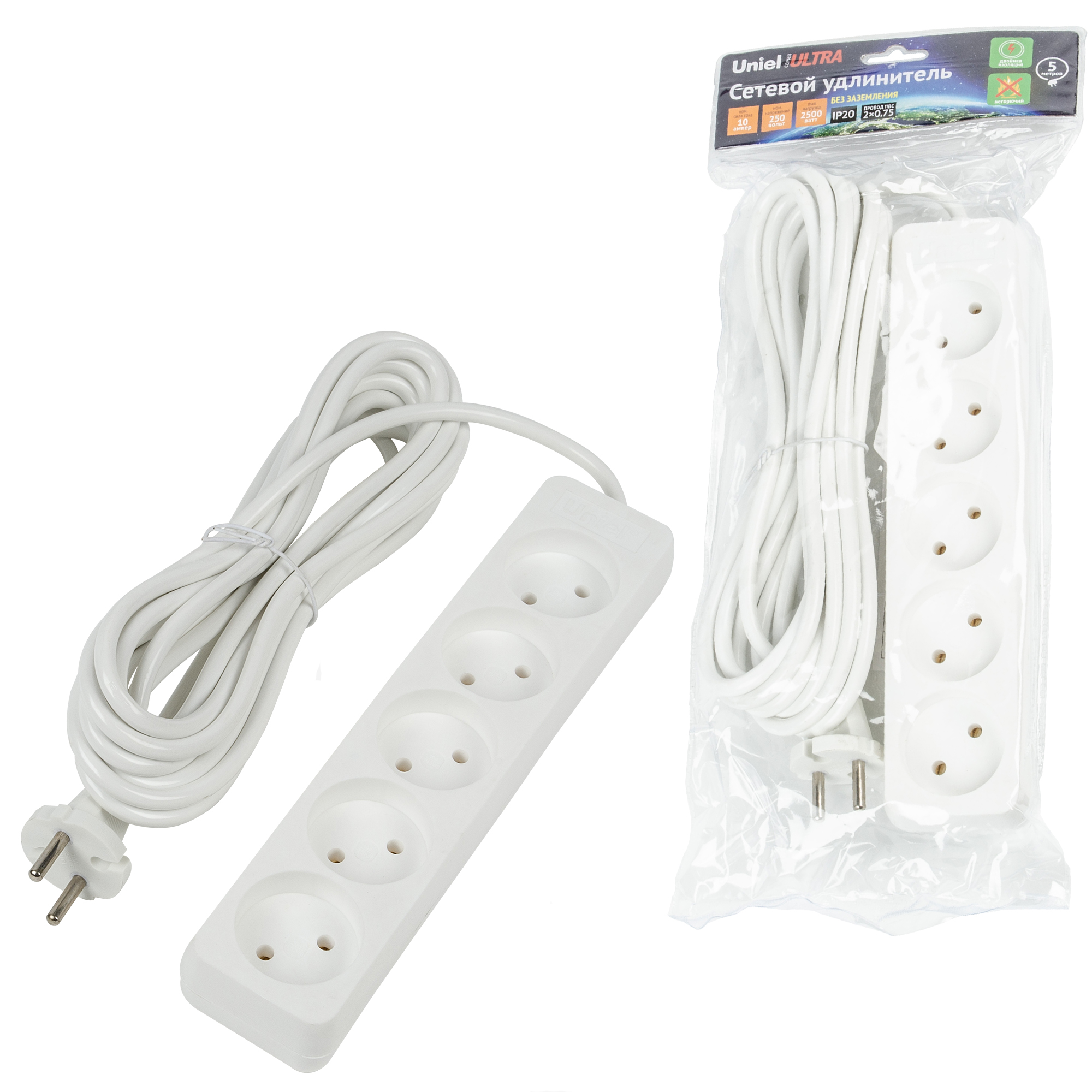 Удлинитель UNIEL S-CU5-5 WHITE шнур 5м., 5 гнезд, 10A, б/з. Белый. серии Ultra