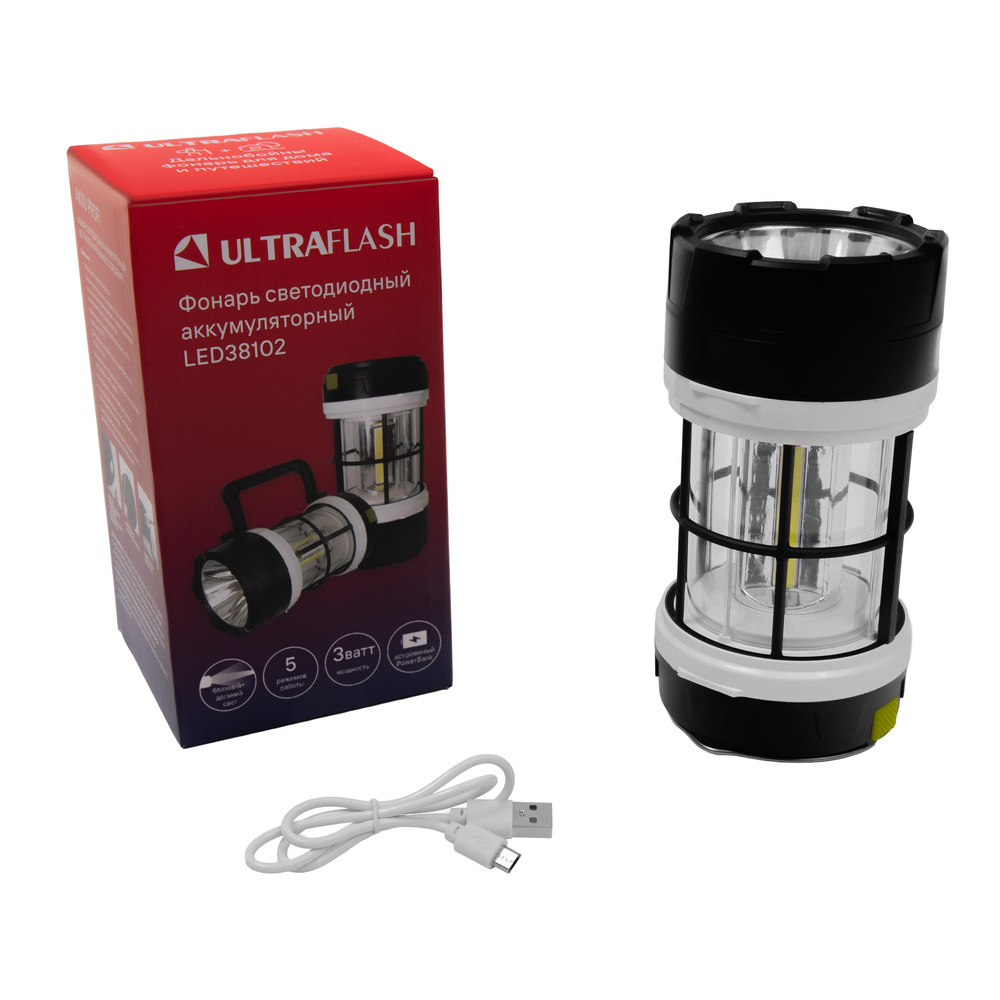 Фонарь ULTRAFLASH LED38102 акк. черн./бел., LED+3COB, 5 реж., Micro-USB, PowerBank, пластик, кор.