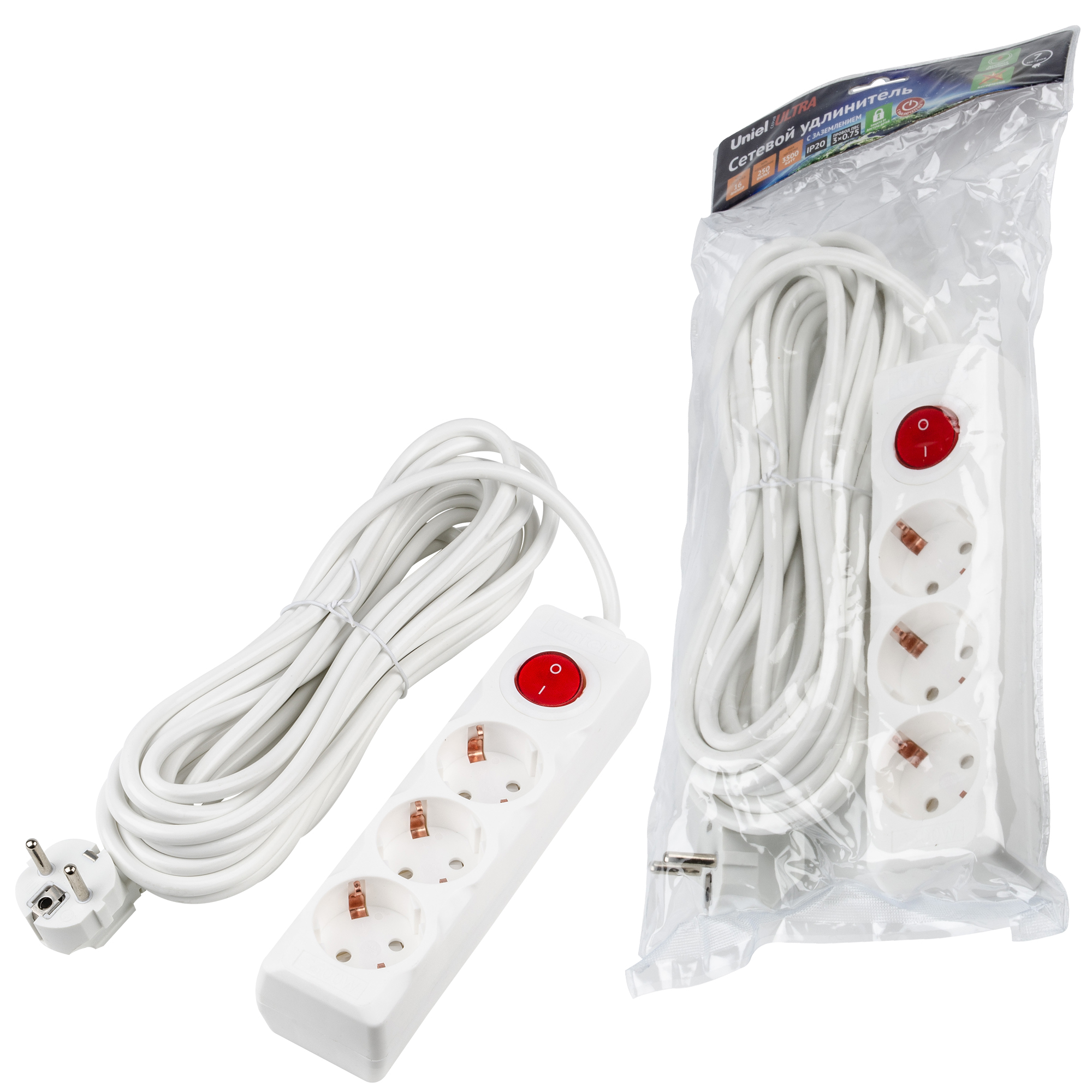 Удлинитель UNIEL S-GCU3-7B WHITE шнур 7м., 3 гнезда, 16A, с/з. Белый. серии Ultra