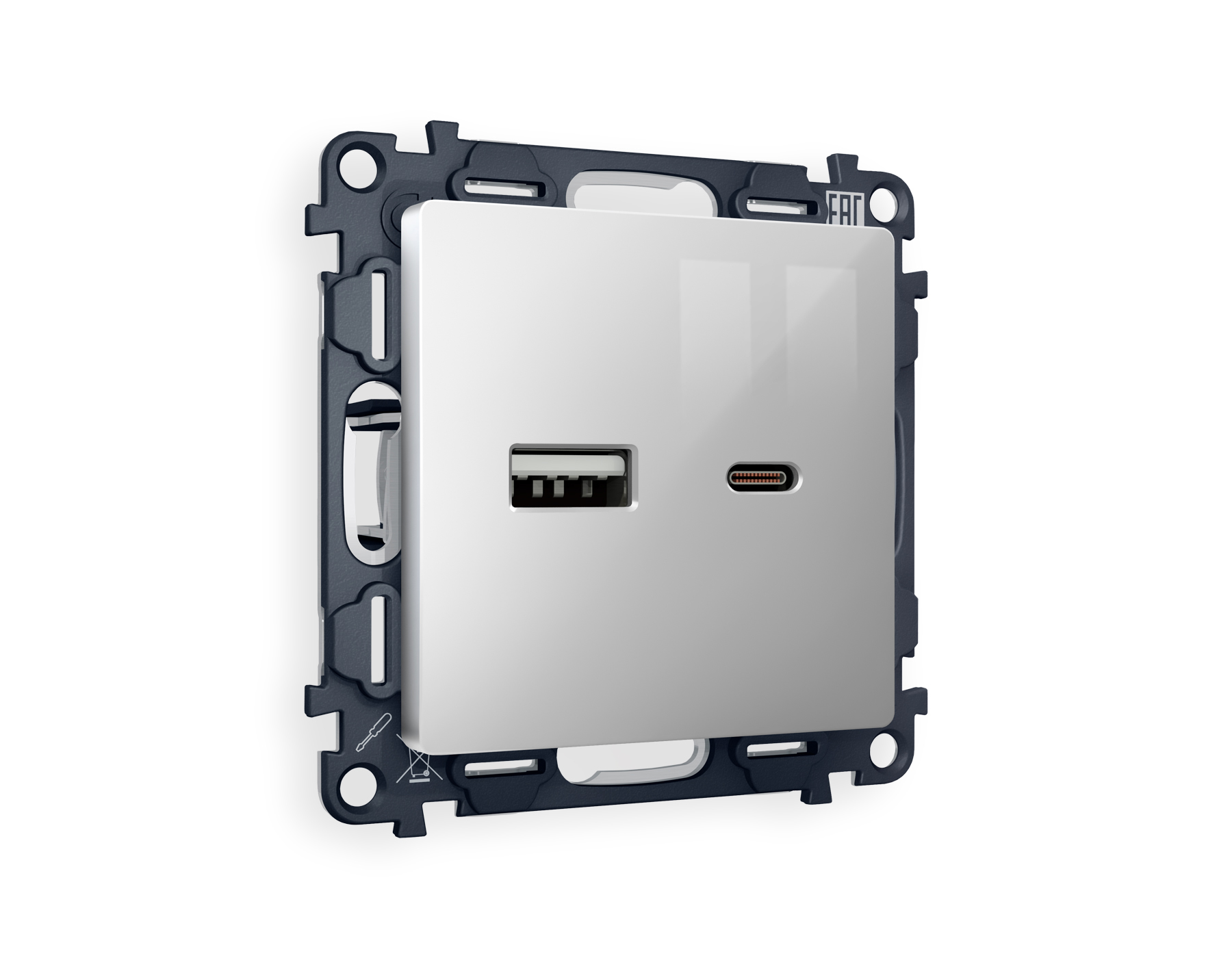 MA411010 Комплект механизма розетки ALFA Серебро глянец 2USB A+C 20W QUANT (AP4110,VM177)