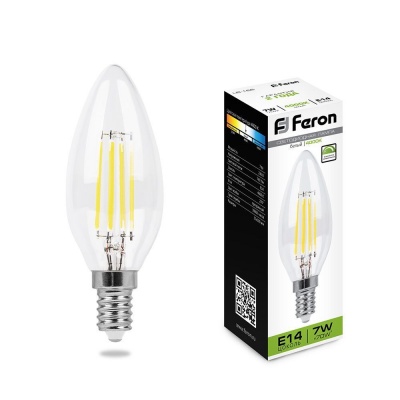 Лампа светодиодная FERON LB-166 7W 230V E14 4000K  филамент C35, диммируемая
