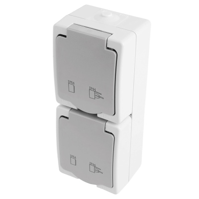 Розетка вертикальная 2-местная с крышкой с/з, 250В, 16А, IP54, PST16-12-54, серый/графит