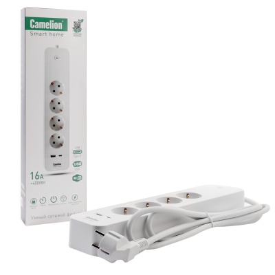 Сетевой фильтр Camelion Smart Home SZD/SH/4х1,5/WIFI (4гн.1,5м.,16A 4000В, USB+Type-С, WiFi+Счетчик)