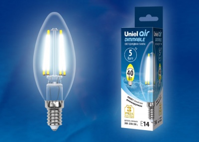 Лампа светодиодная UNIEL LED-C35-5W/NW/E14/CL/DIM GLA01TR, диммируемая. Форма "свеча", прозр.(4000K)