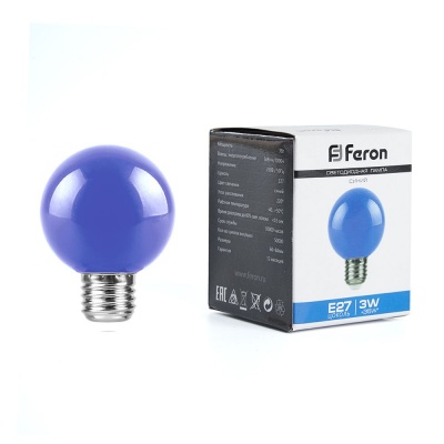 Лампа светодиодная FERON LB-371 3W 230V Е27 синий  Шар для белт лайта G60