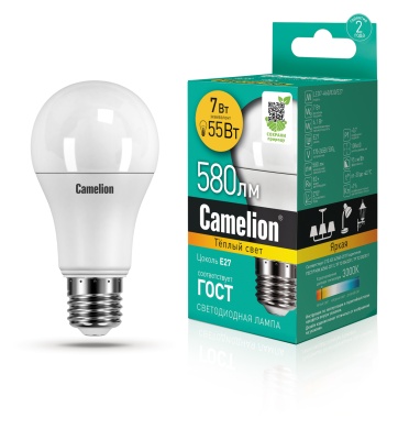 Лампа CAMELION LED7-A60/830/E27 220V 7W (1/10/100)