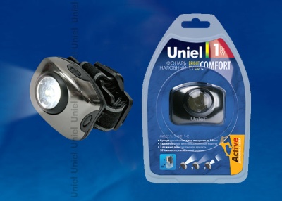 Фонарь налобный UNIEL S-HL011-C Gun Metal, алюминиевый корпус, 1 LED, 3хААА н/к