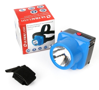 Фонарь ULTRAFLASH LED5375 налобн. аккум. 220В, голубой, 1 Ватт  LED, 2 реж, пласт, бокс