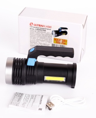 Фонарь ULTRAFLASH LED53765 4В, черн., 2LED, 3 Вт, 4 реж, USB, бокс