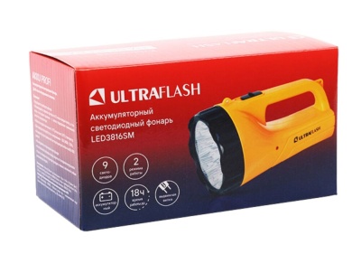 Фонарь ULTRAFLASH LED3816SM аккум. 220В желтый 9LED, 2 режима, SLA,пластик,коробка
