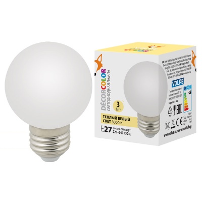 Лампа светодиодная UNIEL LED-G60-3W/3000K/E27/FR/С декоративная, Форма "шар", матовая 3000K