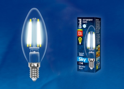 Лампа светодиодная UNIEL LED-C35-13W/4000K/E14/CL PLS02WH Форма "свеча", прозрачная. Серия Sky