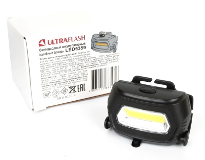 Фонарь ULTRAFLASH LED5359 налобный аккум 5В, черный COB 3Ватт, 3 реж.,пласт.,бокс