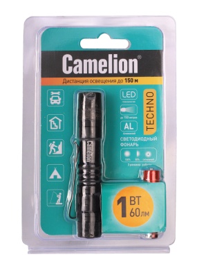 Фонарь CAMELION LED51516 черный, LED XPE, 3 реж 1XLR03 в компл., алюм., откр. блистер