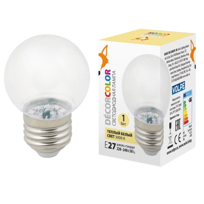 Лампа светодиодная Volpe LED-G45-1W/3000K/E27/CL/С Форма "шар", прозрачная.Теплый белый 3000К