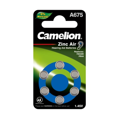Батарейка CAMELION ZA675 BL-6, Mercury Free (A675-BP6(0%Hg)1.4V 620mAh для слуховых аппаратов (6/60)
