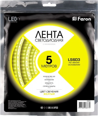 Светодиодная лента FERON LS603/LED-RL 60SMD(3528)/m 5m 4.8W/m 12V желтый на белом основани (20)