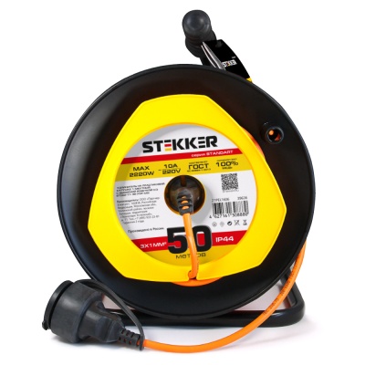Удлинитель на пластиковой катушке STEKKER STD02-11-50 с вынос розет с/з, ПВС, 3х1 10A 50м IP44