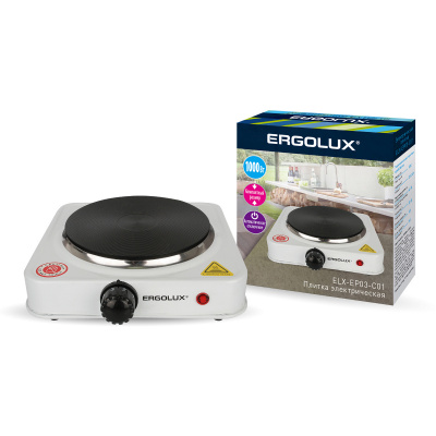 Электроплитка ERGOLUX ELX-EP03-C01 белая,  1 конф., дисковый нагр.эл.1000Вт, 220-240В (1/12)