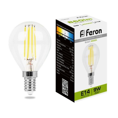 Лампа светодиодная FERON LB-509 9W 230V E14 4000K филамент G45 прозрачная