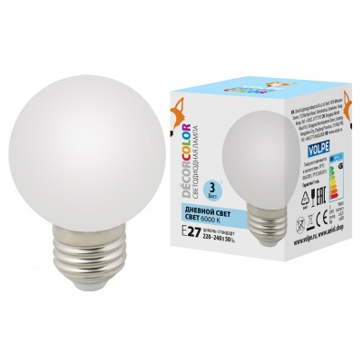 Лампа светодиодная UNIEL LED-G60-3W/6000K/E27/FR/С декоративная, "шар", матовая. 6000K