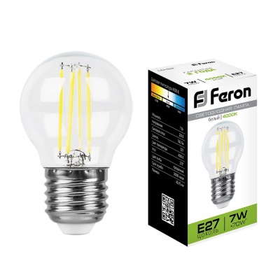 Лампа светодиодная FERON LB-52 7W 230V E27 4000K филамент G45