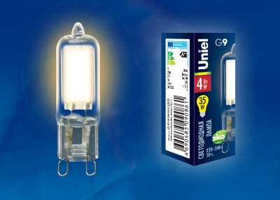 Лампа светодиодная UNIEL LED-JCD-4W/WW/G9/CL GLZ01TR прозрачная. Теплый белый свет (3000К)