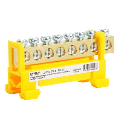Шина "PE" на изоляторе 6*9 тип "стойка" на DIN-рейку 8 выводов, желтый, LD556-69-8