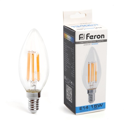Лампа светодиодная FERON LB-717 15W 230V E14 6400K филамент С35 прозрачная