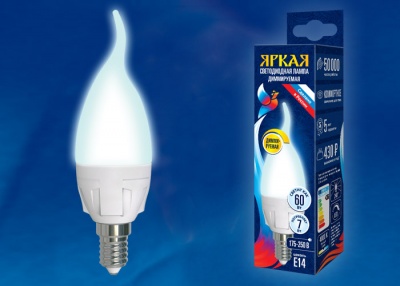 Лампа светодиодная UNIEL LED-CW37 7W/4000K/E14/FR/DIM PLP01WH картон