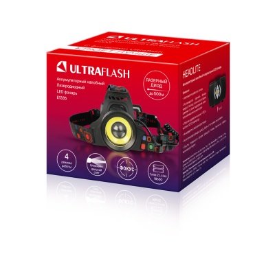 Фонарь ULTRAFLASH E1335 налобный акк 3,7В черный 2LED 4Ватт, фокус, 2ак 4реж, метал, бокс(1/50)