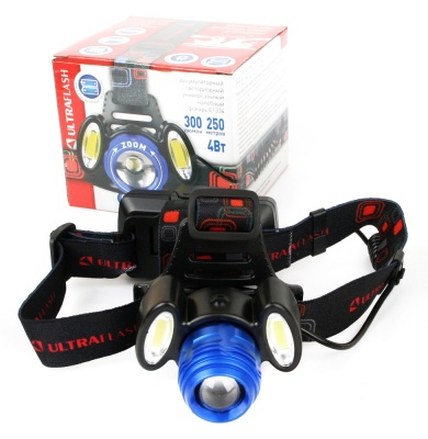 Фонарь ULTRAFLASH E1334 налобный акк 3,7В синий/черный 3LED 4Ватт, фокус, 2ак 4реж, метал.(1/50)