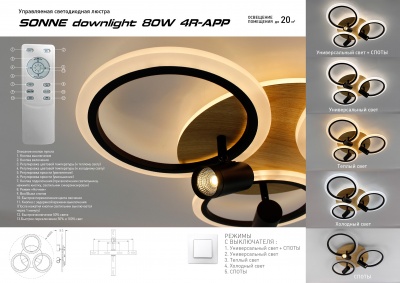 Люстра светодиодная ESTARES SONNE downlight 80W 4R-APP-582x115-BLACK/WOOD/WHITE-220-IP20 Управляемая