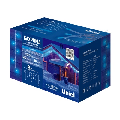 Бахрома светодиодная UNIEL ULD-B6007-200/STK BLUE IP44 6м, 200 светод, синий, статик, соедин