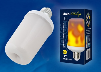 Лампа светодиодная UNIEL LED-L60-6W/FLAME/E27/FR PLD01WH «цилиндр», матовая, "эффект пламени"