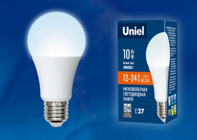 Лампа светодиодная UNIEL LED-A60-10W/NW/E27/FR/12-24V PLO55WH 12-24В Форма «A», матовая 4000K