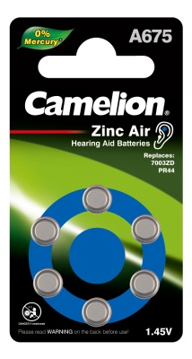 Батарейка CAMELION ZA675 BL-6, Mercury Free (A675-BP6(0%Hg)1.4V 620mAh для слуховых аппаратов (6/60)