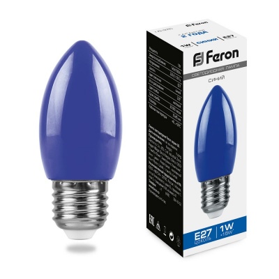 Лампа светодиодная FERON LB-376 1W 230V Е27 синий свеча для белт лайта