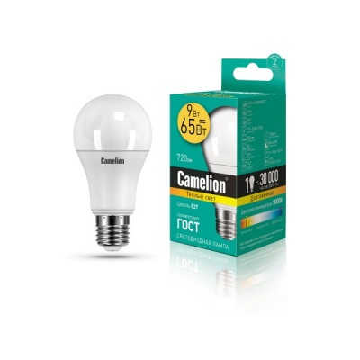 Лампа CAMELION LED9-A60/830/E27 220V 9W (1/10/100)