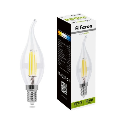 Лампа светодиодная FERON LB-74 9W 230V E14 4000K филамент С35Т прозрачная