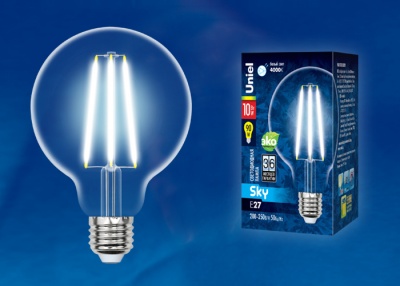 Лампа светодиодная UNIEL LED-G95-10W/4000K/E27/CL PLS02WH картон прозрачная. Серия Sky