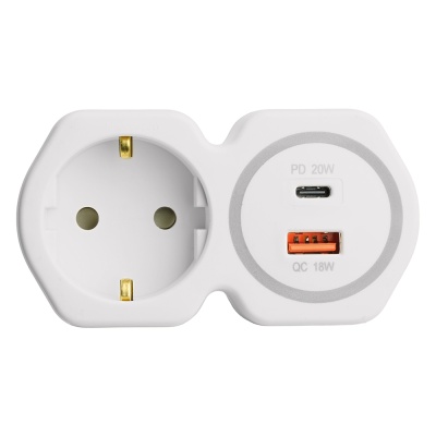 Сетевой разветвитель ADP16-16-20 1-местный с/з 250В, 16А, USB A+ Type C, 2,4А, PD, белый/серый