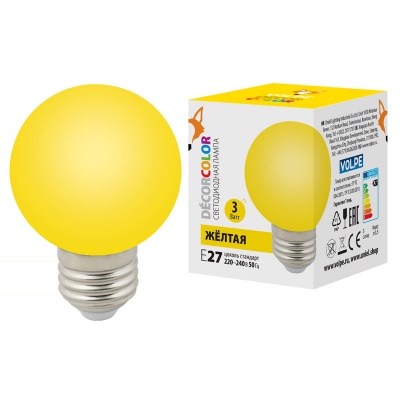 Лампа светодиодная UNIEL LED-G60-3W/YELLOW/E27/FR/С декоративная, Форма "шар", матовая. Цвет желтый